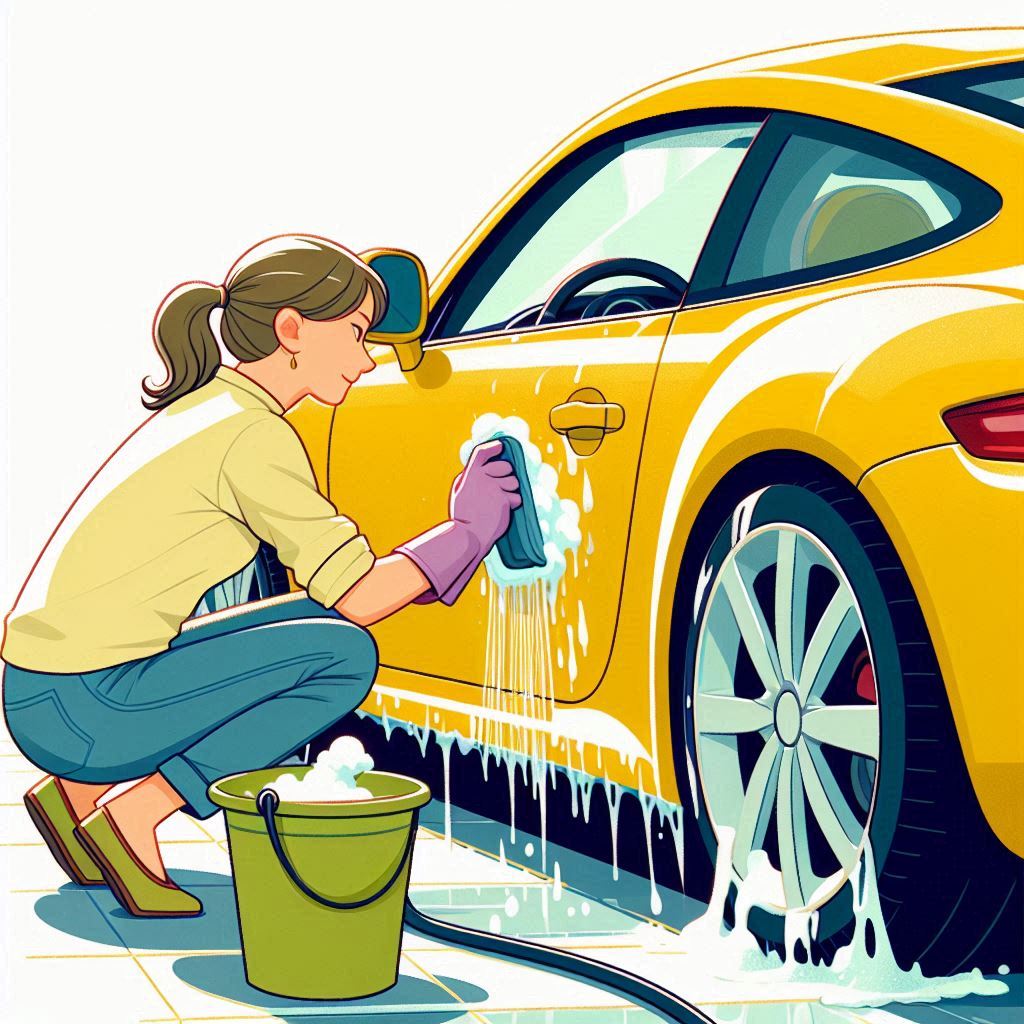 La mujer lava el coche